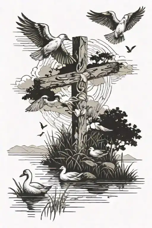 cross surrounded by marsh land with ducks flying towards tattoo design idea