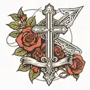 simple cross with warrior sword as the lines and a rose bush going around the cross/sword and 4 bold horizontal lines un tattoo design idea