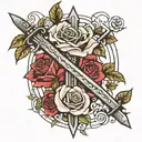 simple cross with warrior sword as the lines and a rose bush going around the cross/sword and 4 bold horizontal lines un tattoo design idea