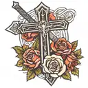 simple cross with warrior sword as the lines and a rose bush going around the cross/sword and 4 bold horizontal lines un tattoo design idea