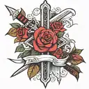 simple cross with warrior sword as the lines and a rose bush going around the cross/sword and 4 bold horizontal lines un tattoo design idea