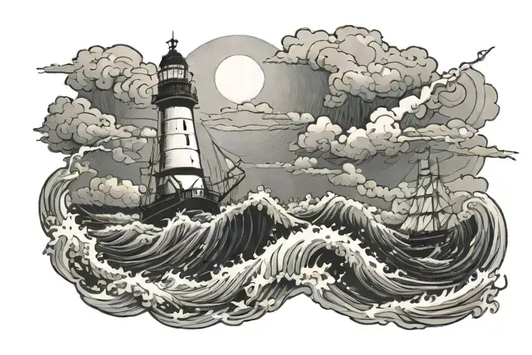 a ship in the middle of a storm at sea reaching a lighthouse tattoo design idea