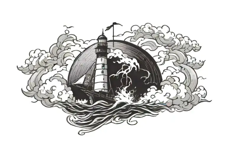 a ship in the middle of a storm at sea reaching a lighthouse tattoo design idea