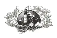 a ship in the middle of a storm at sea reaching a lighthouse tattoo design idea