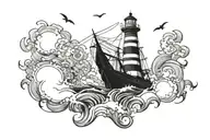 a ship in the middle of a storm at sea reaching a lighthouse tattoo design idea