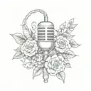 A sketch-style tattoo of a microphone intertwined with vines and flowers, representing your love for rap music and nature tattoo design idea