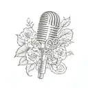A sketch-style tattoo of a microphone intertwined with vines and flowers, representing your love for rap music and nature tattoo design idea