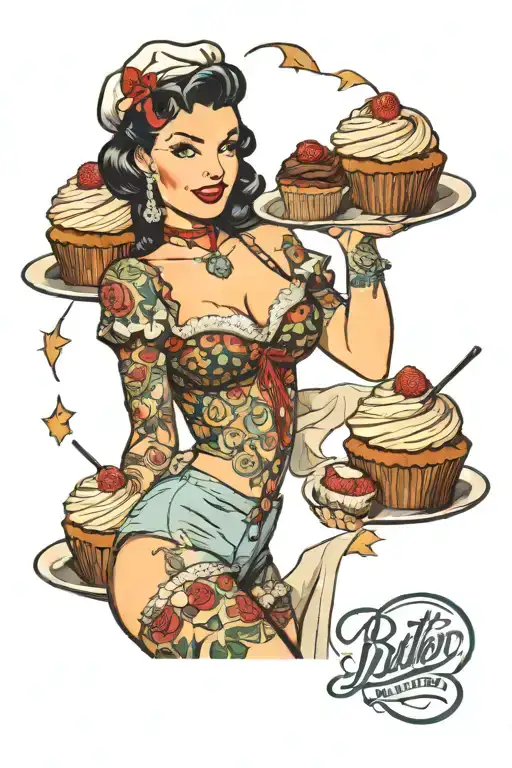 sexy female pin up tattooed baker with cupcakes frosting tattoo design idea