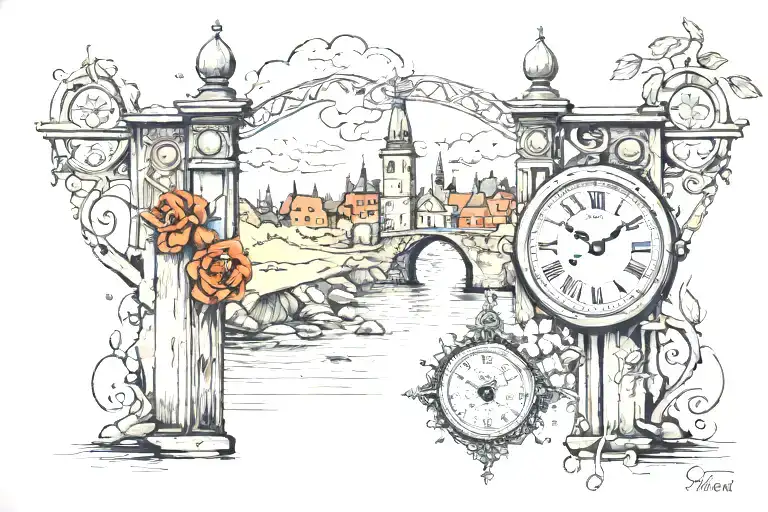 gate by River flowing with stop watch with time and ss nova driving away  tattoo design idea