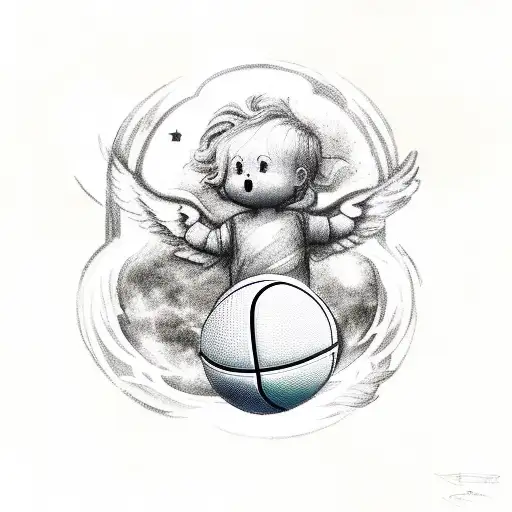 An angelic figure holding a basketball, surrounded by celestial clouds and stars tattoo design idea