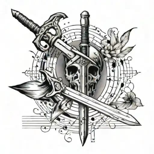 A minimalist tattoo of a knife and sword crossed over a sheet music staff tattoo design idea