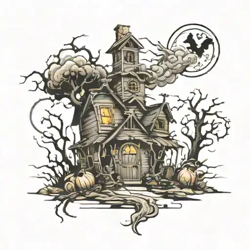 haunted house, graveyard, ghost, tornado, scarecrow tattoo design idea