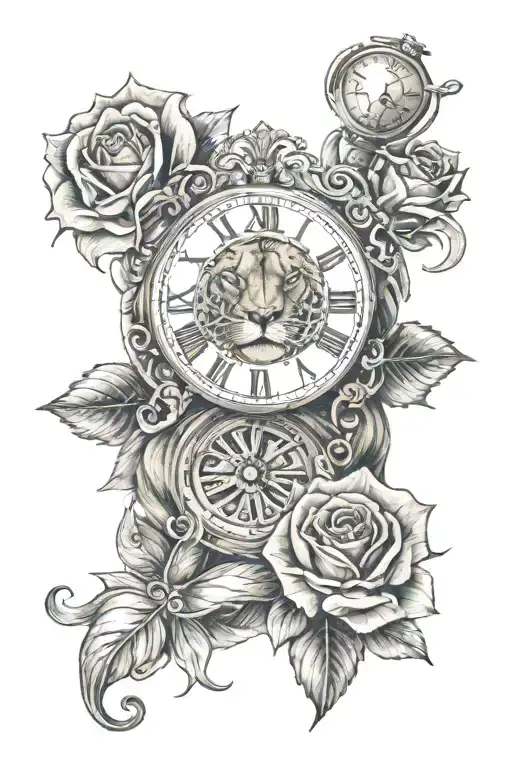 Lion, Rose, Clock, Time, Gambling, tattoo design idea