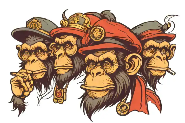 three monkeys, one with pipe, one with beret one with monocle tattoo design idea