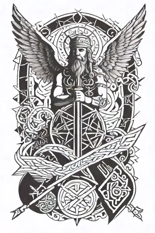angel and viking runes tattoo design idea