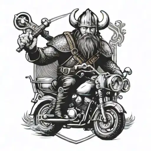 Craft a detailed portrait of a viking warrior with a Harley Davidson emblem on their shield tattoo design idea