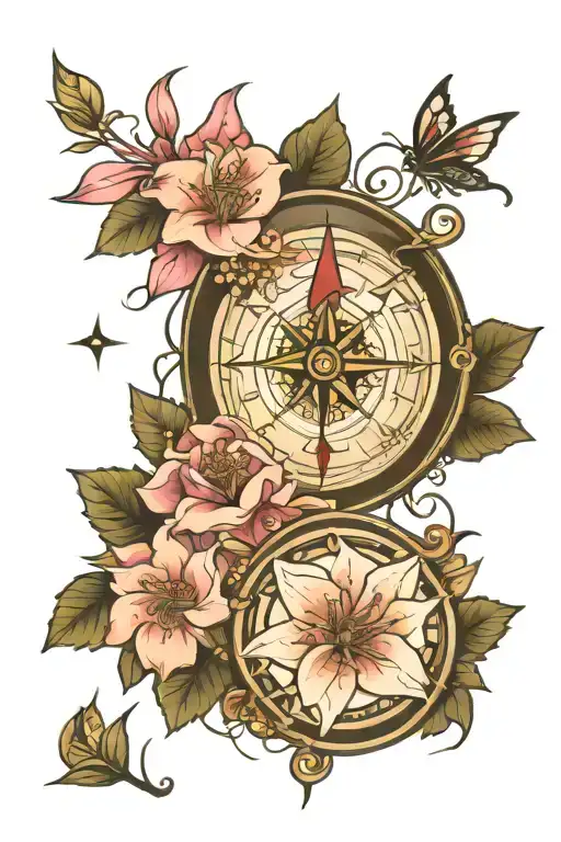 compass rose and azalea flower tattoo design idea