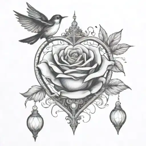 heart, eye, rose, empty birdcage elegant witchy woman tattoo design idea