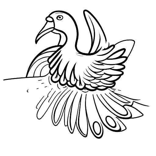 a minimalistic, fine line Dodo who holds with one of his wings a surf board tattoo design idea