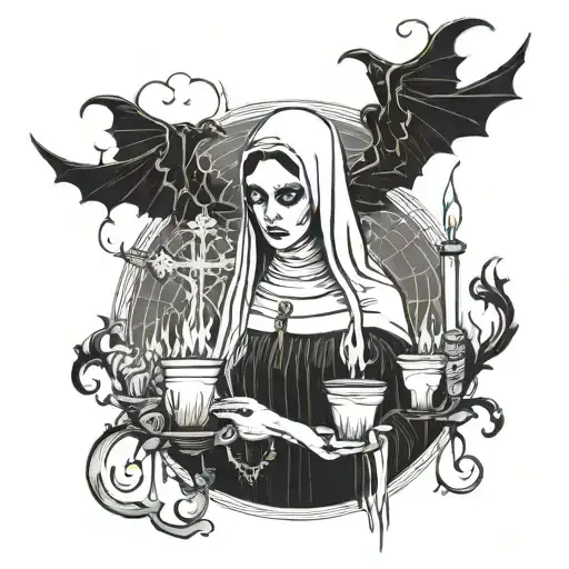 the devil came out in the church look at the nun candles are burning around everything is in gold tattoo design idea