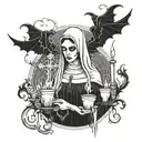 the devil came out in the church look at the nun candles are burning around everything is in gold tattoo design idea