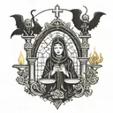 the devil came out in the church look at the nun candles are burning around everything is in gold tattoo design idea