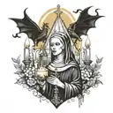 the devil came out in the church look at the nun candles are burning around everything is in gold tattoo design idea