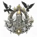 the devil came out in the church look at the nun candles are burning around everything is in gold tattoo design idea