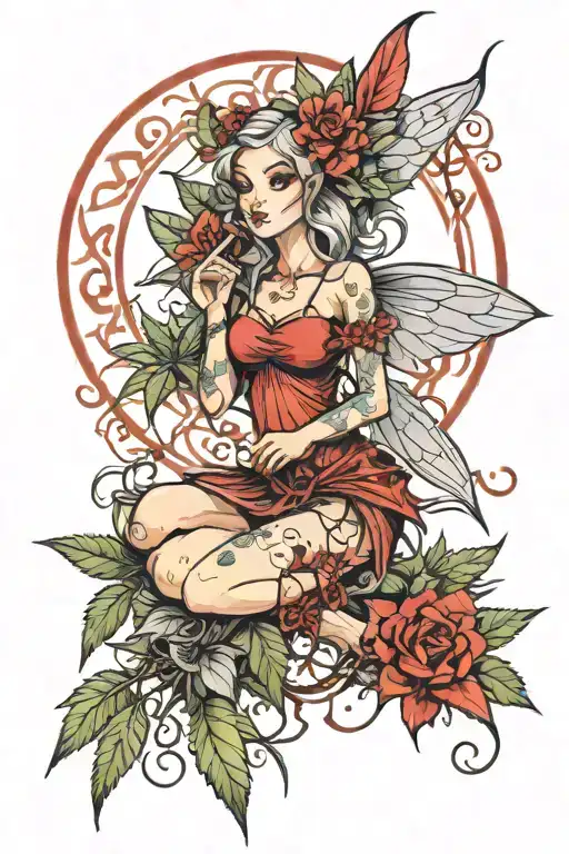 fairy, who set on bong with cannabis black and red tattoo design idea