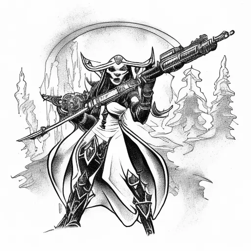 warcraft warlock riding spaceship with sniper rifle tattoo design idea