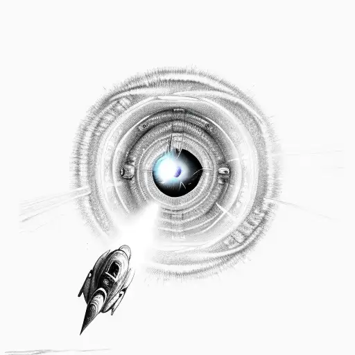 A sketch of a wormhole with a spaceship emerging from it tattoo design idea