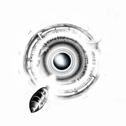 A sketch of a wormhole with a spaceship emerging from it tattoo design idea