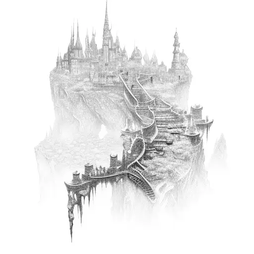 An intricate tattoo of a financial graph merging with a fantasy game world tattoo design idea