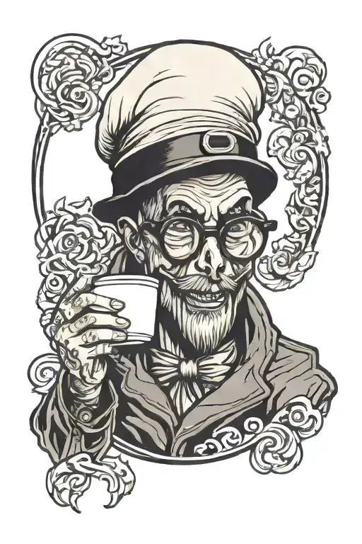 ghost wearing glasses and a black beanie hat, holding a coffee. tattoo design idea