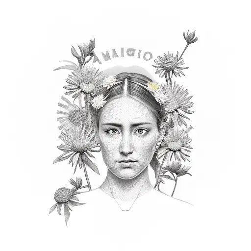 A realistic portrait of a Virgo maiden holding an aster flower, surrounded by traditional tax documents tattoo design idea