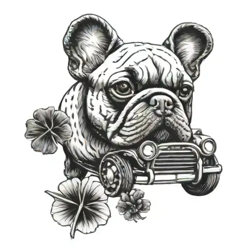 a French bulldog in black, a four-leaf clover, dice and a car tattoo design idea