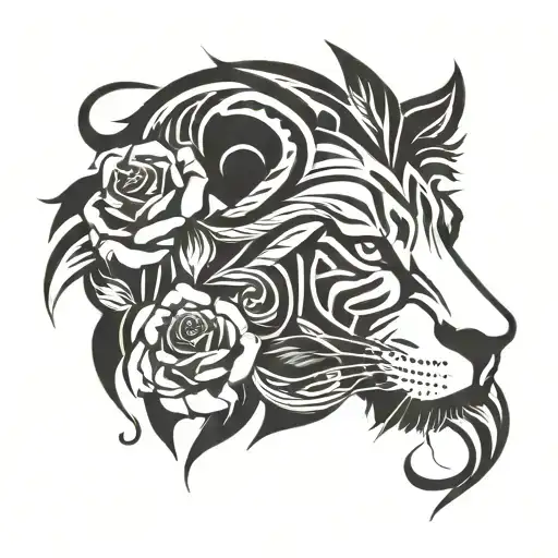 half lion face with roses growing tattoo design idea