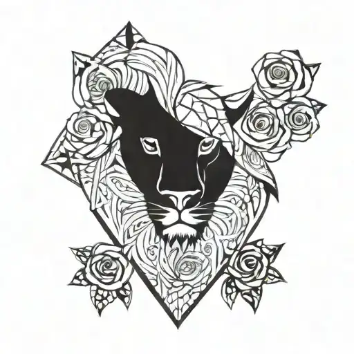 half lion face with geometric roses growing tattoo design idea
