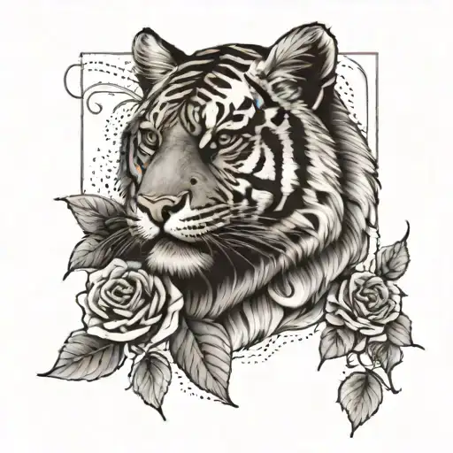 half tiger face and roses intertwined tattoo design idea