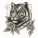 half tiger face and roses intertwined tattoo design idea