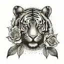 half tiger face and roses intertwined tattoo design idea
