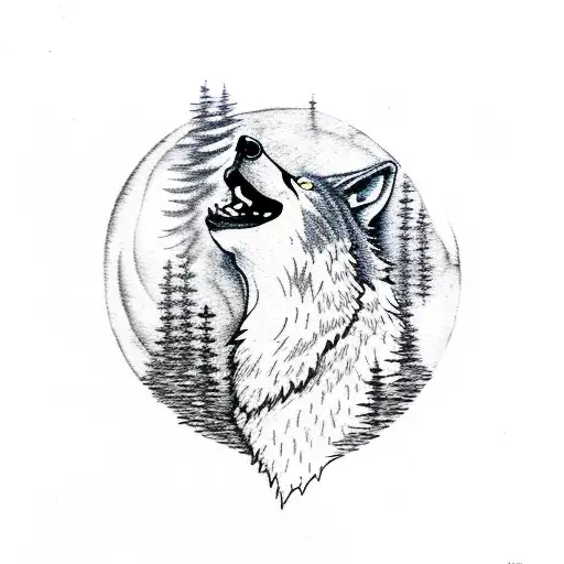 A wolf howling at the moon in a forest scene with intricate dotwork details tattoo design idea