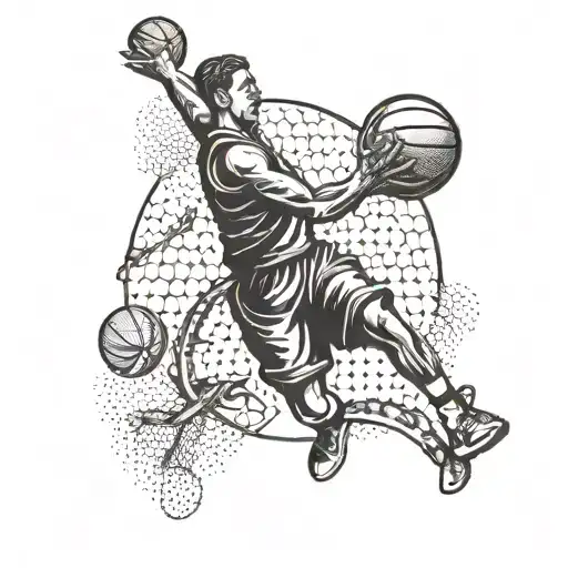 A basketball player shooting hoops with fish scales as skin texture tattoo design idea