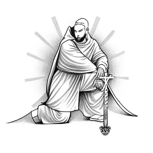 Catholic monk on one knee with a sword tattoo design idea