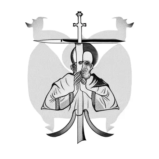 Catholic monk on one knee with a sword tattoo design idea