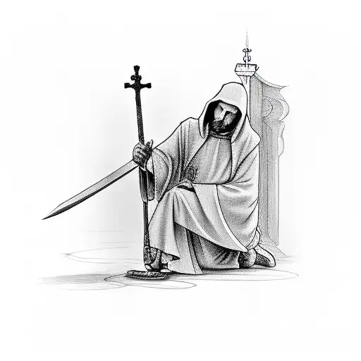 Catholic monk on one knee with a sword tattoo design idea