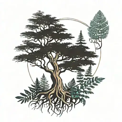 big tree with ferns growing instead of leafs, tall hand tattoo tattoo design idea