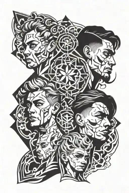 A tattoo design featuring three stylized portraits of your sons, each with a unique symbol representing their personalities, surrounded by geometric patterns tattoo design idea