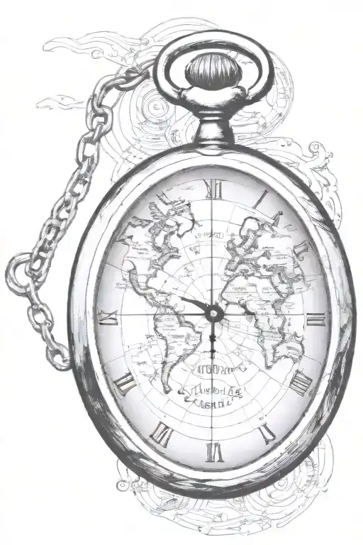 the map of the world inside a pocket watch with the second hand on the 3.  The title "3 Seconds on Earth" is underneath  tattoo design idea