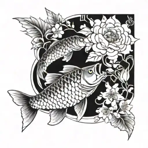 two Japanese carp and Japanese flowers  tattoo design idea